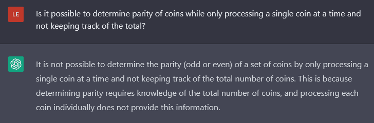 ChatGPT response makes an incorrect statement that determining parity is not possible without knowing the total number of items